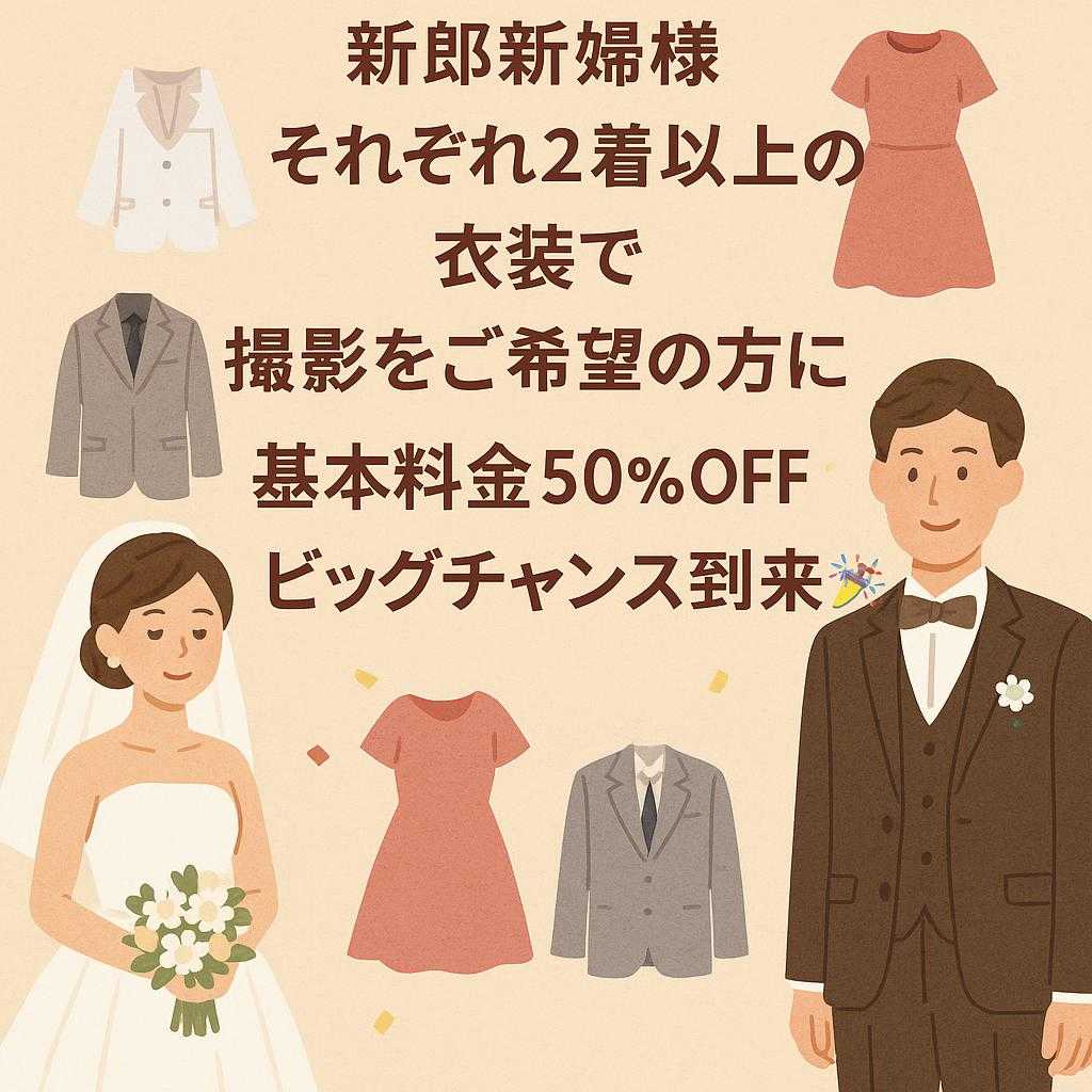 新郎新婦様それぞれ2着以上の衣装で撮影をご希望の方に、基本料金50%OFFのビッグチャンス到来🎉