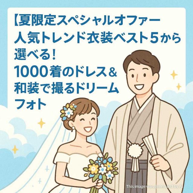 【夏限定スペシャルオファー】人気トレンド衣装ベスト5から選べる！1000着のドレス＆和装で撮るドリームフォト