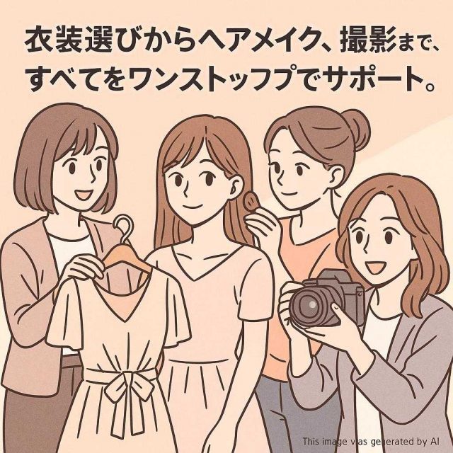 衣装選びからヘアメイク、撮影まで、すべてをワンストップでサポート。
