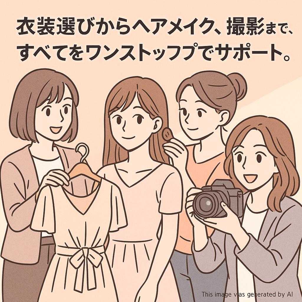 衣装選びからヘアメイク、撮影まで、すべてをワンストップでサポート。