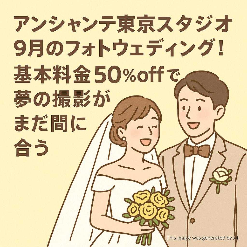 東京都アンシャンテ東京スタジオ9月のフォトウェディング！基本料金50％offで夢の撮影がまだ間に合う