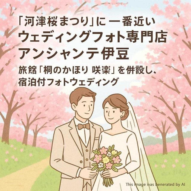 「河津桜まつり」に一番近い ウェディングフォト専門店 アンシャンテ伊豆 旅館「桐のかほり 咲楽」を併設し、宿泊付フォトウェディング