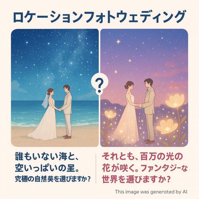 ロケーションフォトウェディング 誰もいない海と、空いっぱいの星。究極の自然美を選びますか？ それとも、百万の光の花が咲く。ファンタジーな世界を選びますか？