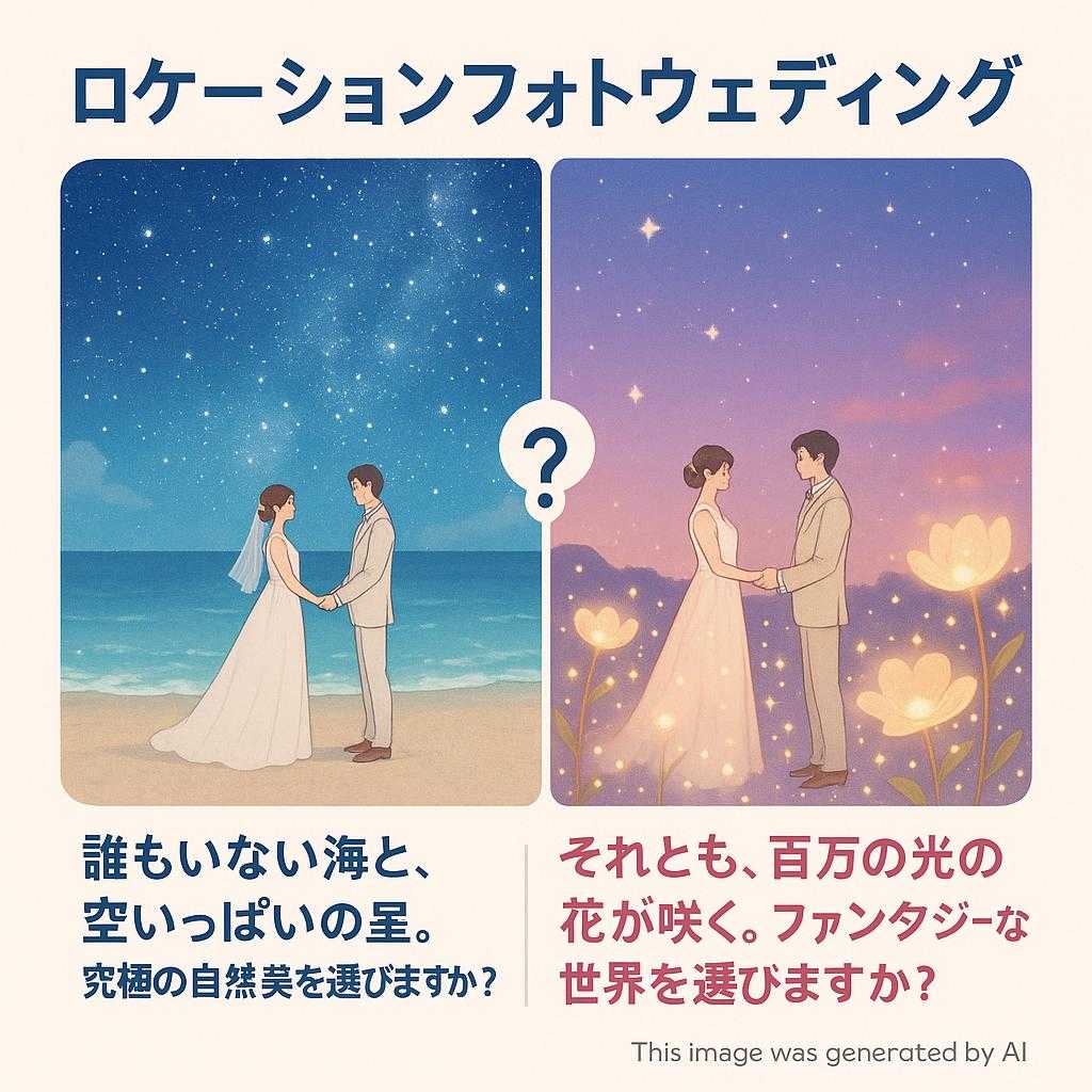 ロケーションフォトウェディング 誰もいない海と、空いっぱいの星。究極の自然美を選びますか？ それとも、百万の光の花が咲く。ファンタジーな世界を選びますか？