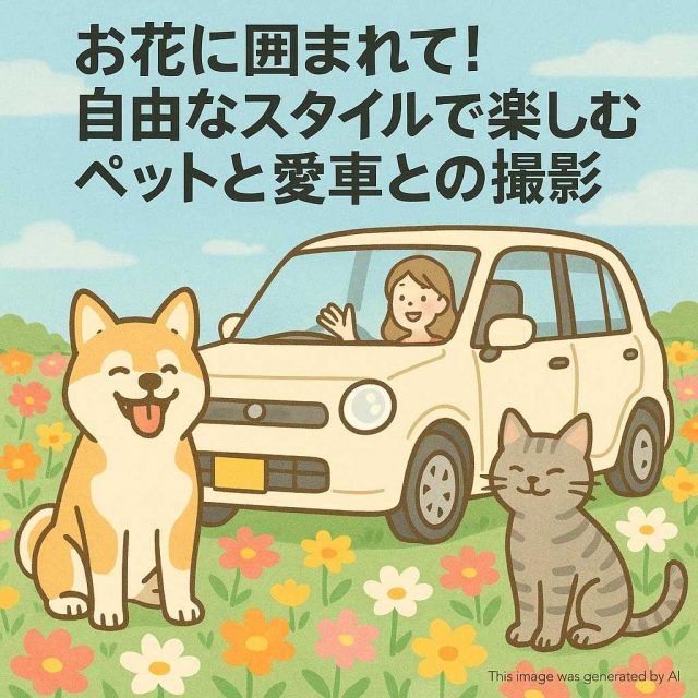 お花に囲まれて！自由なスタイルで楽しむペットと愛車との撮影