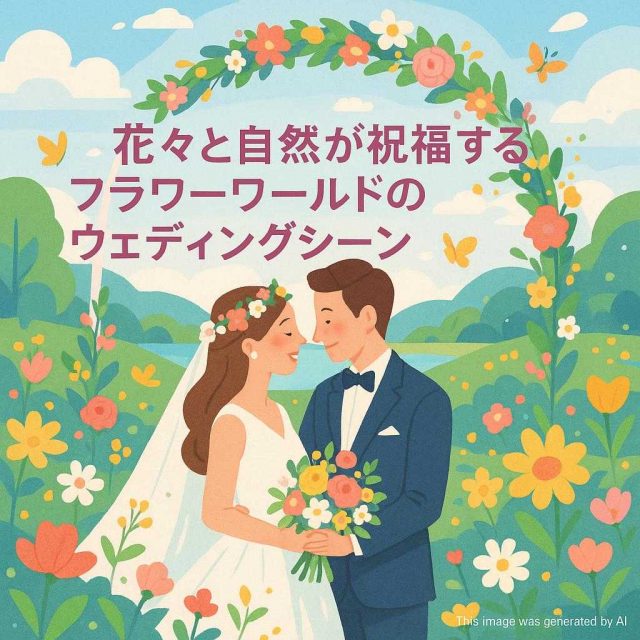 花々と自然が祝福するフラワーワールドのウェディングシーン