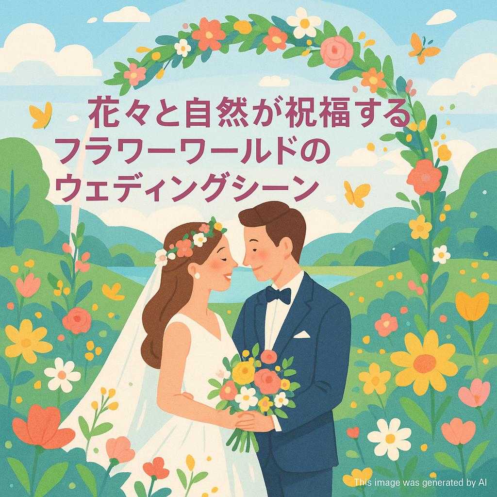 花々と自然が祝福するフラワーワールドのウェディングシーン