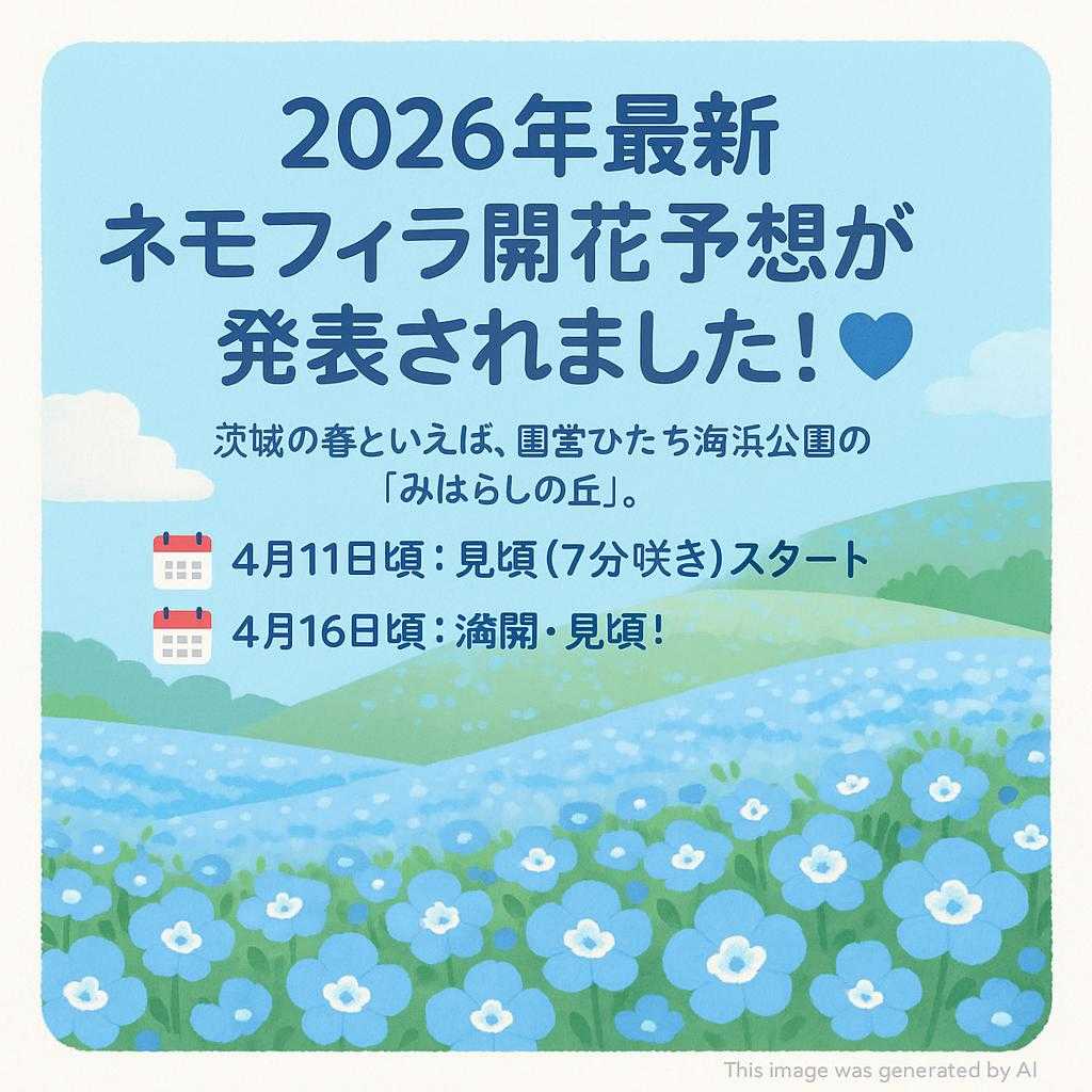 【2026年最新】ネモフィラ開花予想が発表されました！💙  茨城の春といえば、国営ひたち海浜公園の「みはらしの丘」。 2026年の青の世界、見頃のスケジュールはこちら👇  🗓️ 4月11日頃：見頃（7分咲き）スタート 🗓️ 4月16日頃：満開・見頃！