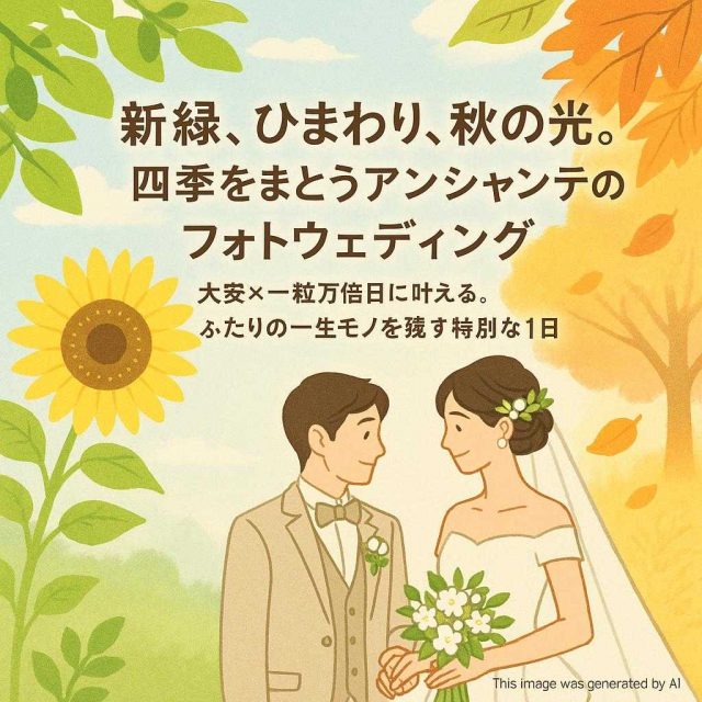 「新緑、ひまわり、秋の光。四季をまとうアンシャンテのフォトウェディング」  「大安×一粒万倍日に叶える。ふたりの一生モノを残す特別な1日」