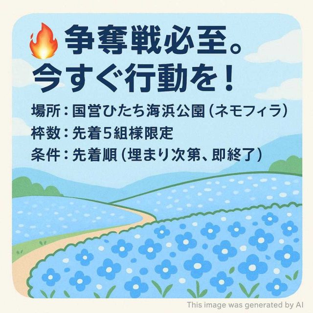 🔥 争奪戦必至。今すぐ行動を！  場所： 国営ひたち海浜公園（ネモフィラ）  枠数： 先着5組様限定  条件： 先着順（埋まり次第、即終了）