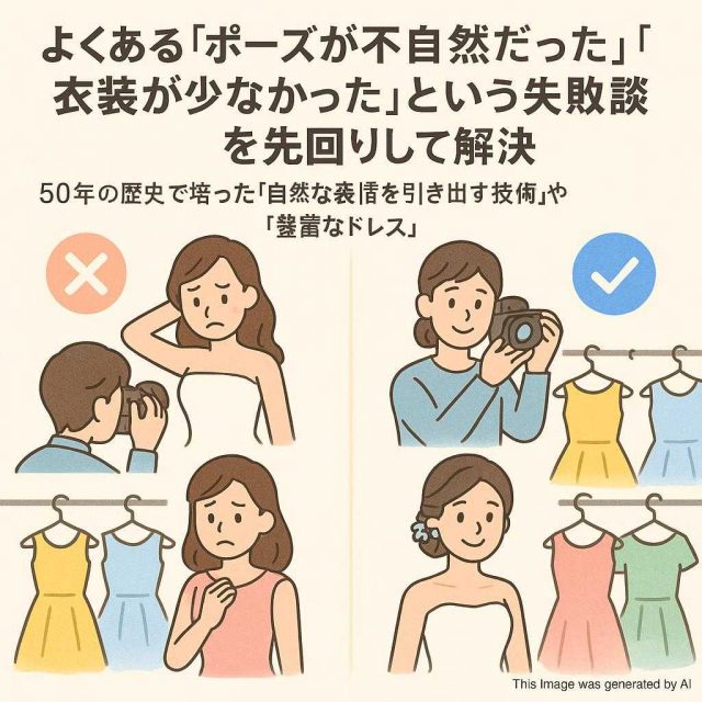 よくある「ポーズが不自然だった」「衣装が少なかった」という失敗談を先回りして解決。50年の歴史で培った「自然な表情を引き出す技術」や「豊富なドレス」