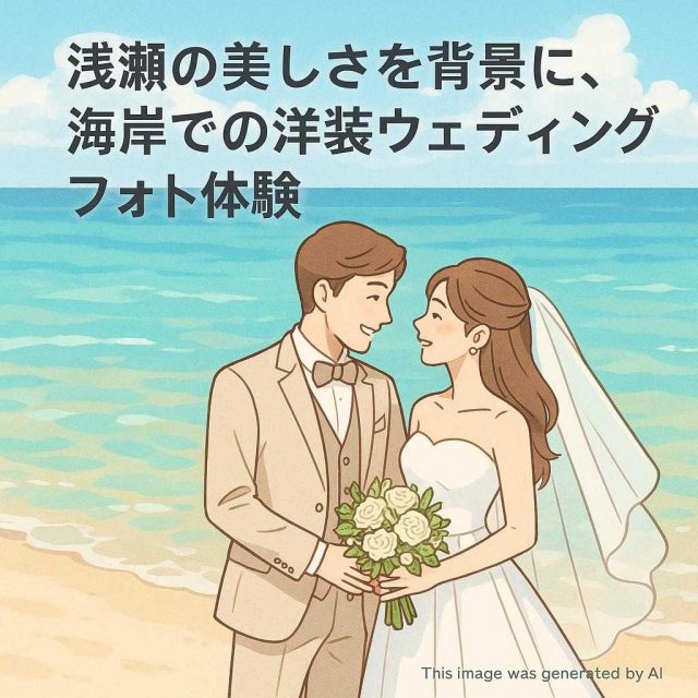 浅瀬の美しさを背景に、海岸での洋装ウェディングフォト体験