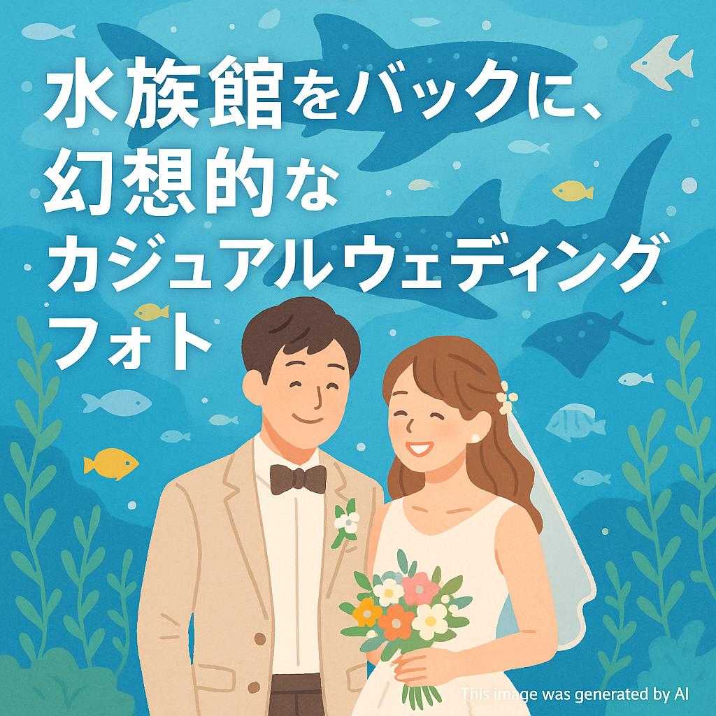 水族館をバックに、幻想的なカジュアルウェディングフォト